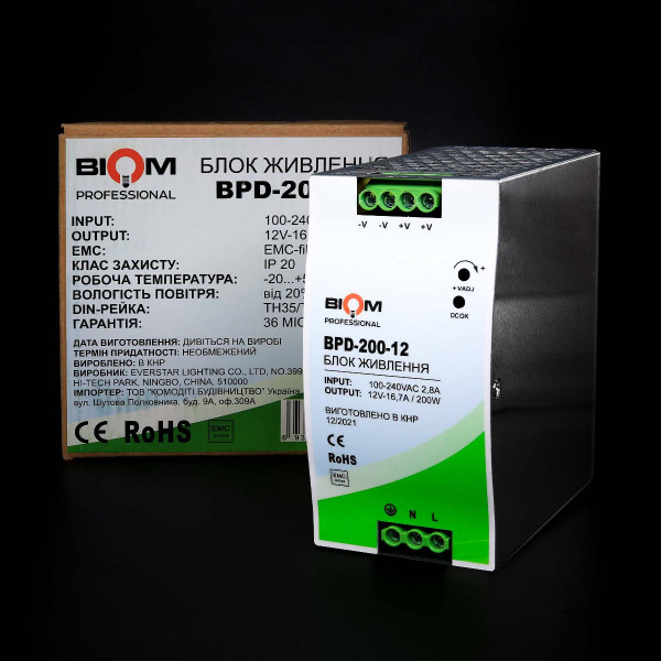 Блок живлення Biom Professional на DIN-рейку DC 12V 200W 16,7A (BPD-200-12) , 100021772