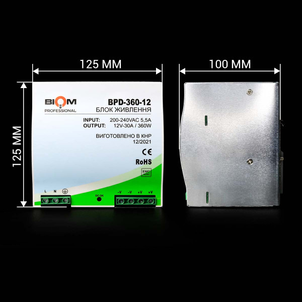 Блок питания Biom Professional на DIN-рейку DC 12V 360W 30A (BPD-360-12), 100021774