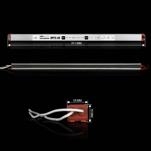 Блок питания BIOM Professional DC 12V 60W 5А stick герметичный, в металлическом корпусе (BPFS-60-12), 100019658