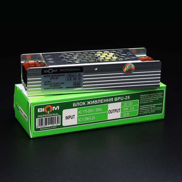 Блок живлення BIOM Professional DC 12V 25W 2,1А перфорований, в металевому корпусі (BPU-25) , 100014621