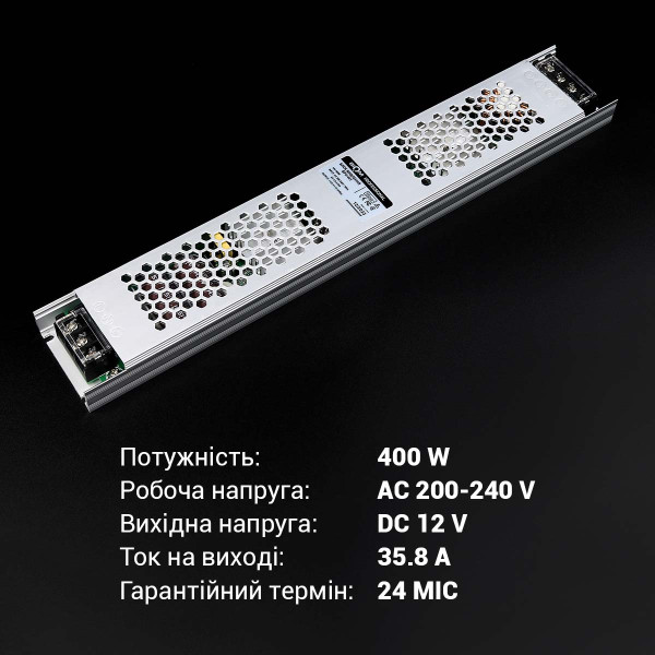 Блок питания BIOM Professional DC 12V 400W 33А slim перфорированный в металлическом корпусе (BPU-401), 100014624