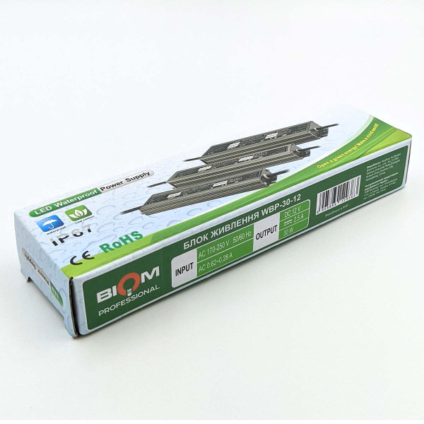 Блок живлення BIOM Professional DC 12V 30W 2,5А герметичний в металевому корпусі (WBP-30-12) , 100021214