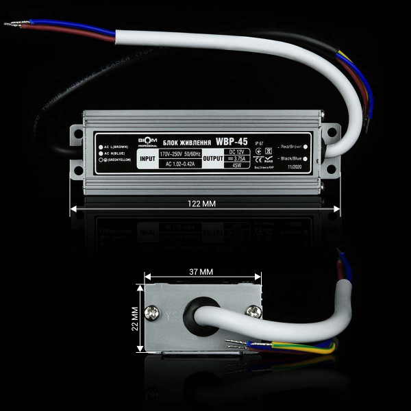 Блок питания BIOM Professional DC 12V 45W 3,7А герметичий в металевому корпусі (WBP-45-12), 100019652