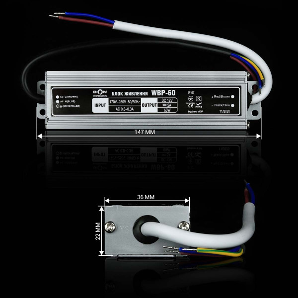 Блок питания BIOM Professional DC 12V 60W 5А герметичный в металевому корпусі (WBP-60-12), 100019663
