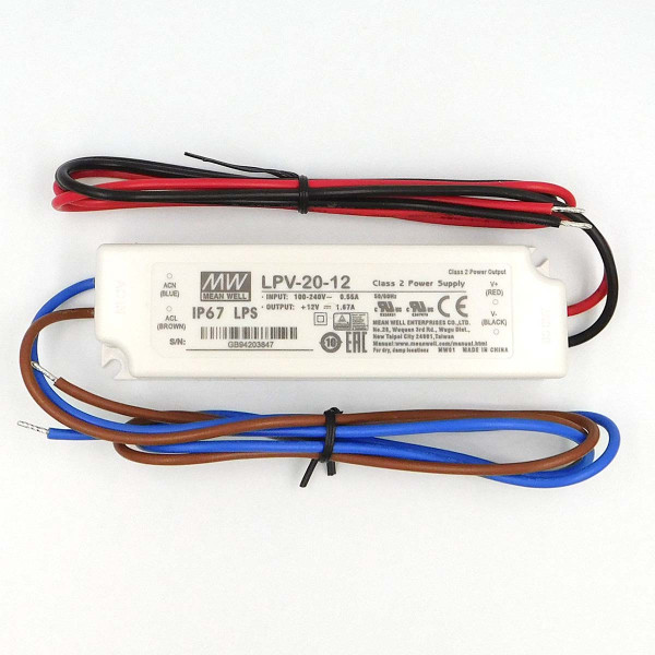 Блок питания Mean Well DC 12V 20W 1,67A IP67 (LPV-20-12), 100022096