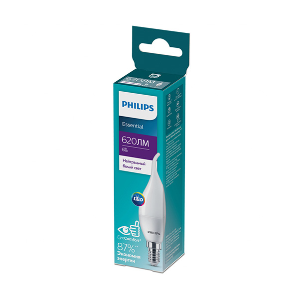 Светодиодная лампа PHILIPS ESS LEDCandle 6W E14 620Lm 840 BA35 NDFRRCA (929002972307), 100022488