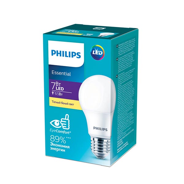 Светодиодная лампа PHILIPS ESS LEDBulb 7W E27 680Lm 830 A60 1CT/12 RCA (929002298987), 100020897
