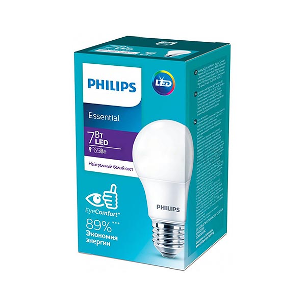 Светодиодная лампа PHILIPS ESS LEDBulb 7W E27 720Lm 840 A60 1CT/12 RCA (929002299087), 100020898