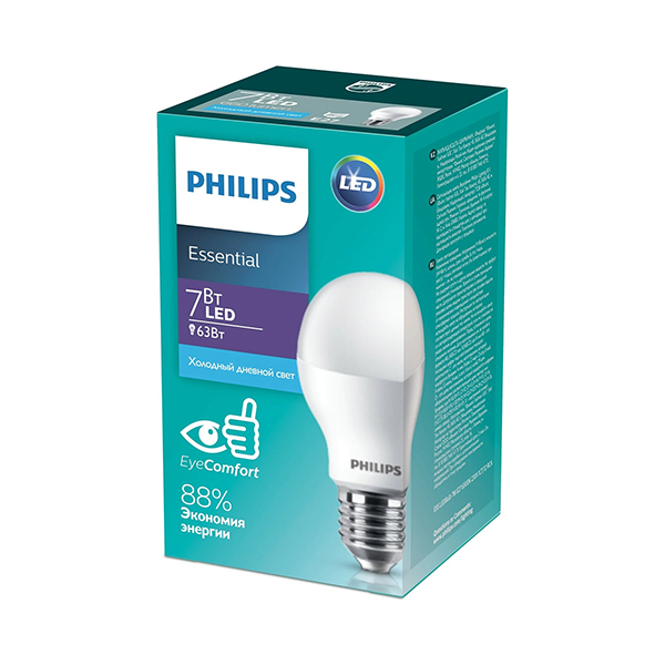 Светодиодная лампа PHILIPS ESS LEDBulb 7W E27 720Lm 865 A60 1CT/12 RCA (929002299187), 100020900
