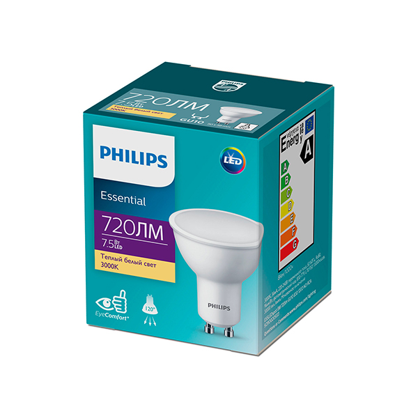 Светодиодная лампа PHILIPS ESS LEDspot 7,5W GU10 720Lm 830 PAR16 ND RCA (929002093317), 100023692