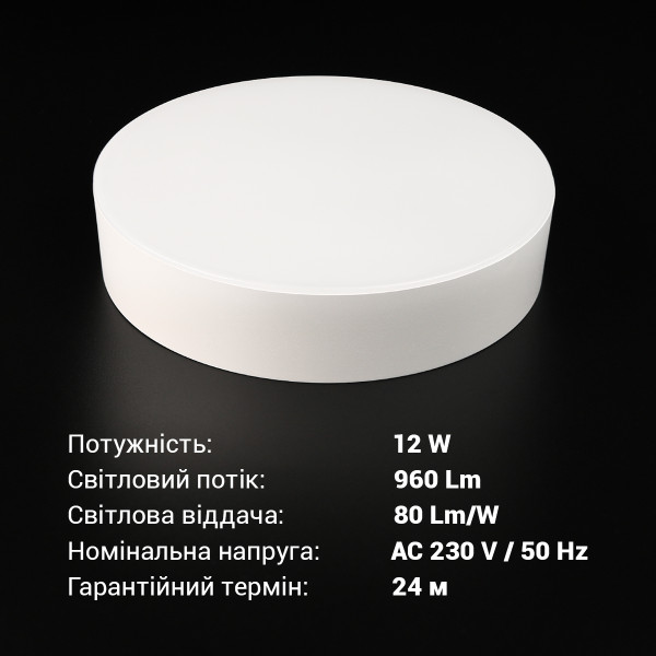 Світильник світлодіодний Biom NL 230V 12W 5000К IP20 білий (NL-1-R12-W-5) , 100025787