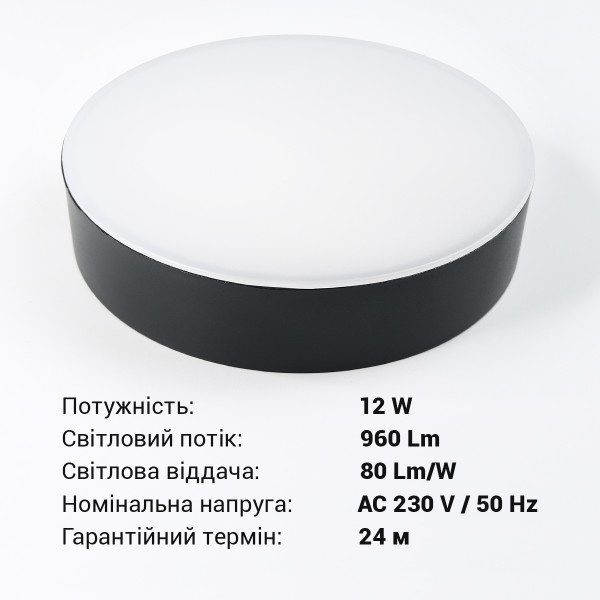 Світильник світлодіодний Biom NL 230V 12W 5000K IP20 чорний (NL-2-R12-B-5) , 100025795