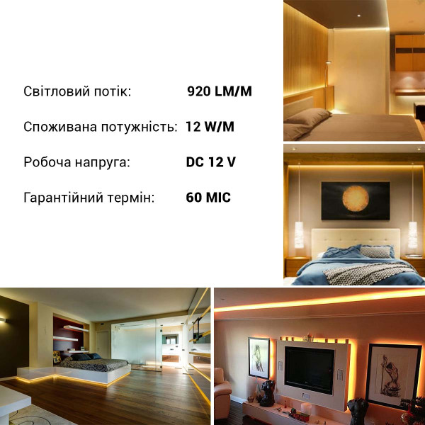 Светодиодная лента RISHANG 60-2835-12V-IP33 12W 920Lm 3000К 5м (RD0060TA-A-WW), 100022343