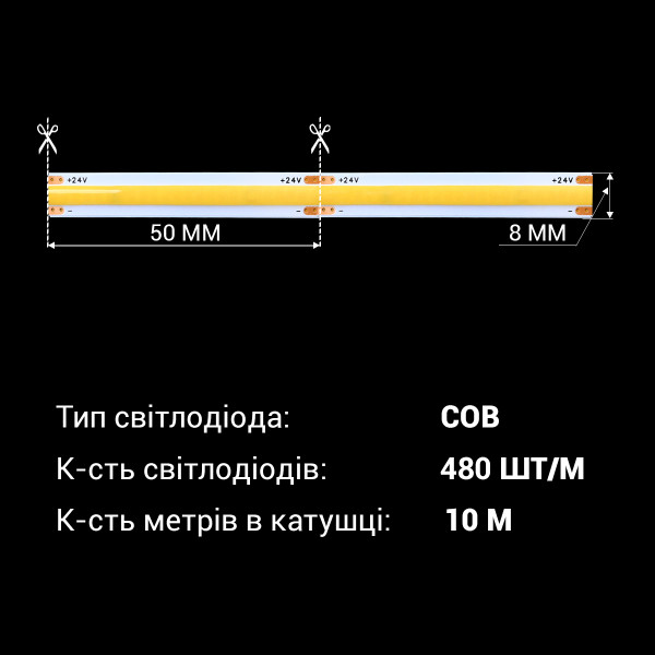 Светодиодная лента BIOM Professional COB-480-24V-IP33 12,5W 1460Lm 3000-3500K 10м (BPS-G4-24-8-COB-480-WW-20), 100027346