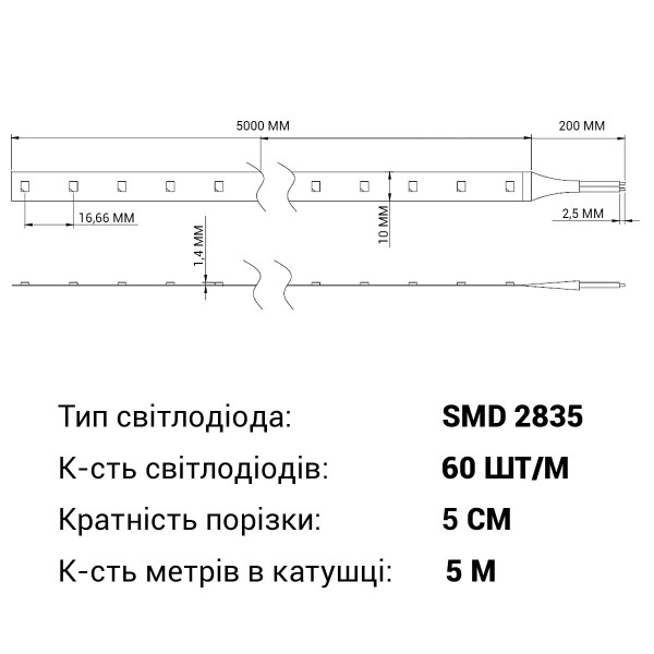 Светодиодная лента RISHANG 60-2835-24V-IP20 12W 956Lm 4000К 5м (RN0060TC-A-NW), 100022405