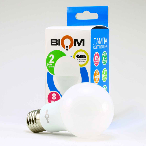 Світлодіодна лампа Biom A60 8W 720Lm 4500K 220V E27 Frosted (BT-508) , 100015360