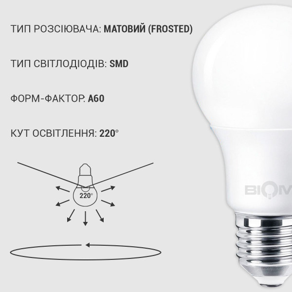 Светодиодная лампа Biom A60 10W 900Lm 3000K 220V E27 Frosted (BT-509), 100001429