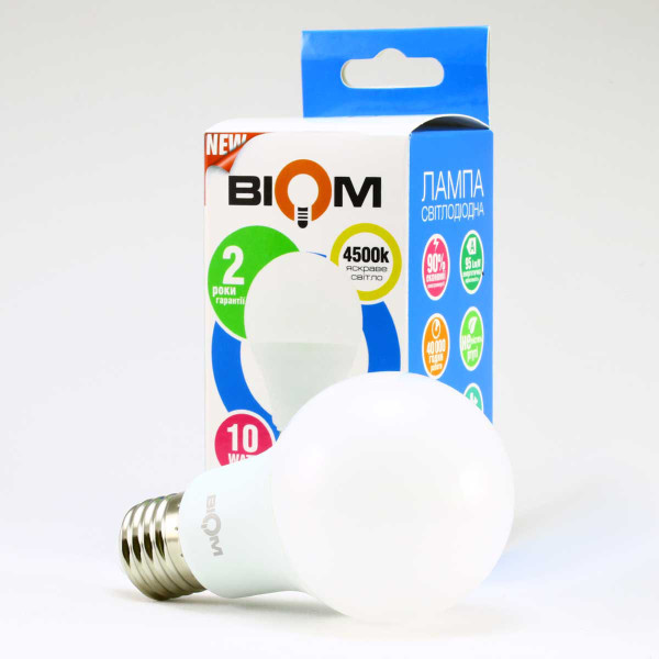 Светодиодная лампа Biom A60 10W 900Lm 4500K 220V E27 Frosted (BT-510), 100001430
