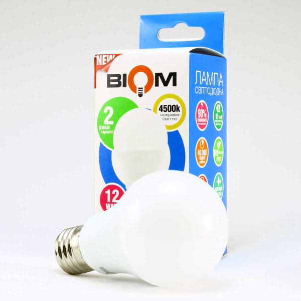 Светодиодная лампа Biom A60 12W 1080Lm 4500K 220V E27 Frosted (BT-512), 100001432