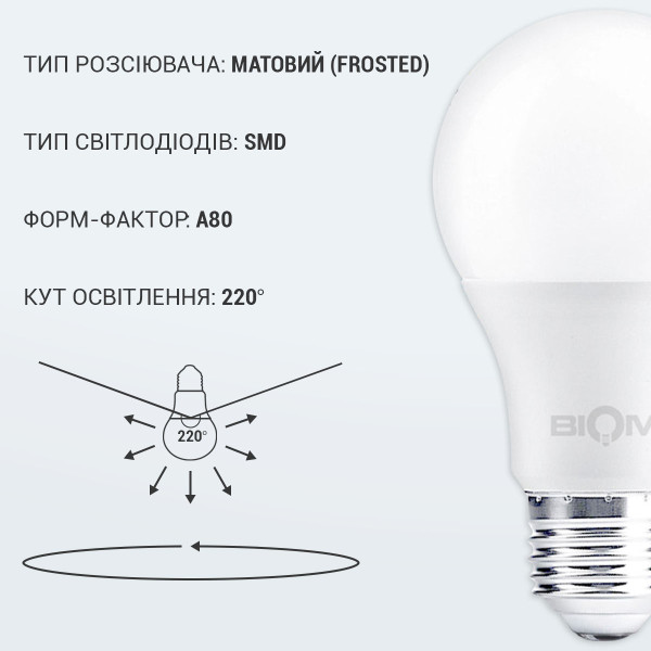 Светодиодная лампа Biom A80 20W 1800Lm 4500K 220V E27 Frosted (BT-520), 100014104