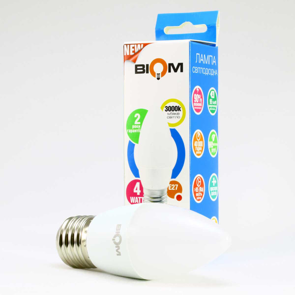 Світлодіодна лампа Biom C37 4W 360Lm 3000K 220V E27 Frosted (BT-547) , 100001421