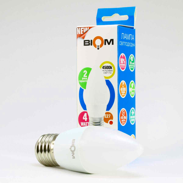 Светодиодная лампа Biom C37 4W 360Lm 4500K 220V E27 Frosted (BT-548), 100001422