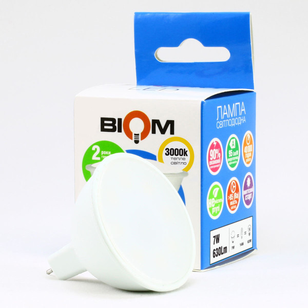 Светодиодная лампа Biom MR16 7W 630Lm 3000K 220V GU5.3 Frosted (BT-561), 100005425