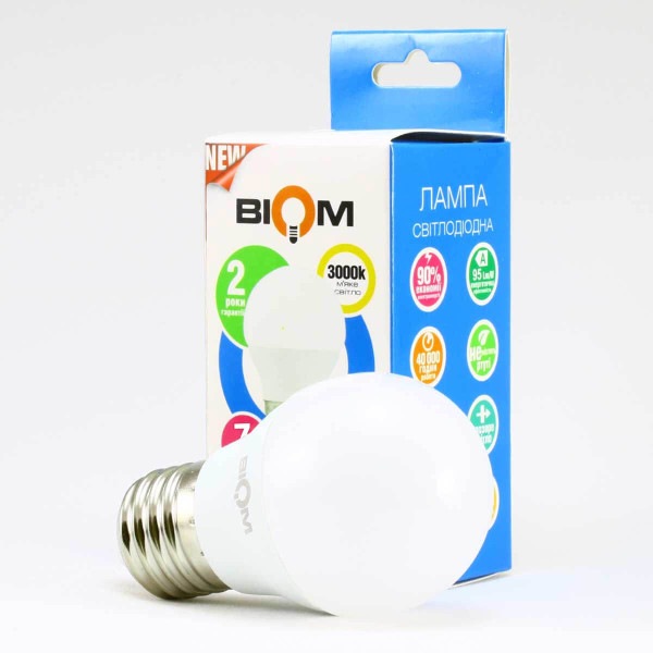 Светодиодная лампа Biom G45 7W 630Lm 3000K 220V E27 Frosted (BT-563), 100001417
