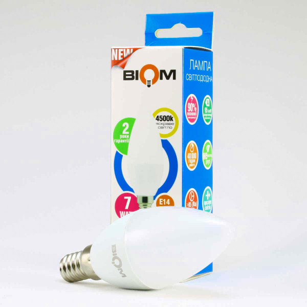 Світлодіодна лампа Biom C37 7W 630Lm 4500K 220V E14 Frosted (BT-570) , 100001428