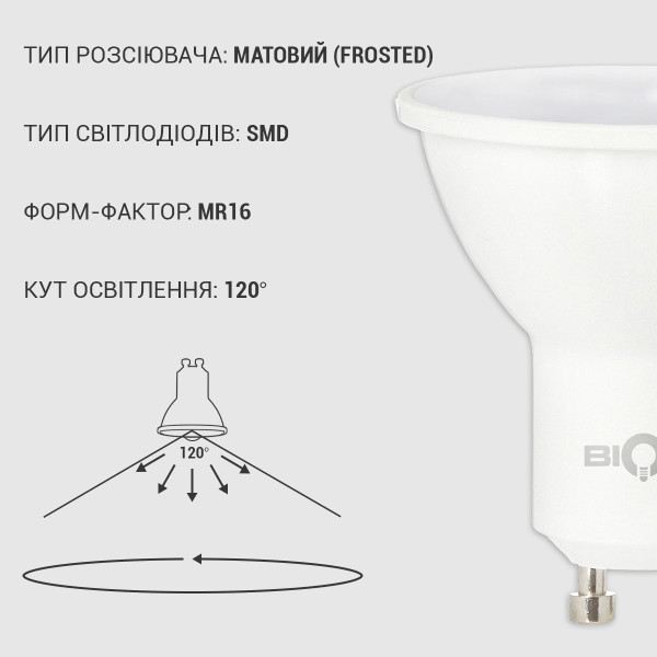 Светодиодная лампа Biom MR16 7W 630Lm 4500K 220V GU10 Frosted (BT-572), 100010034