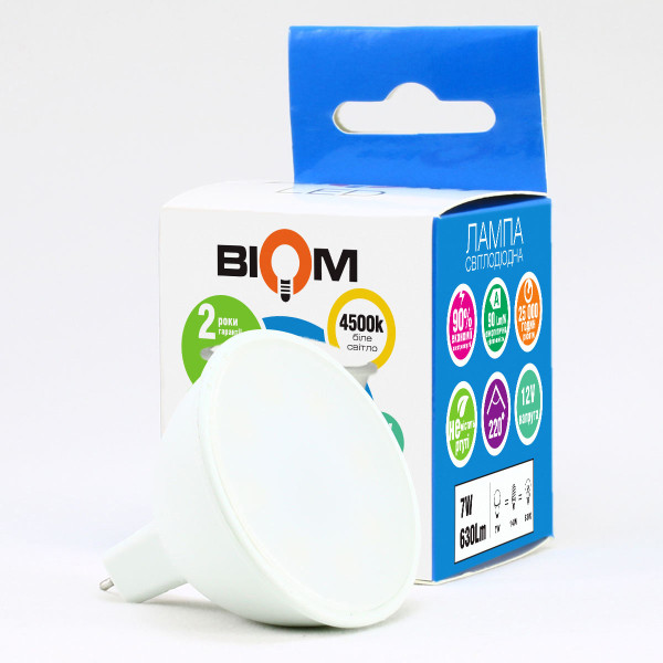 Светодиодная лампа Biom MR16 7W 630Lm 4500K AC/DC 12V GU5.3 Frosted (BT-592), 100014105