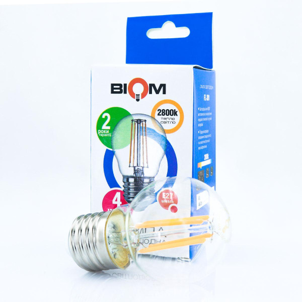Светодиодная лампа Biom филамент G45 4W 360Lm 2800-3200K 220V E27 Clear (FL-301), 100001242