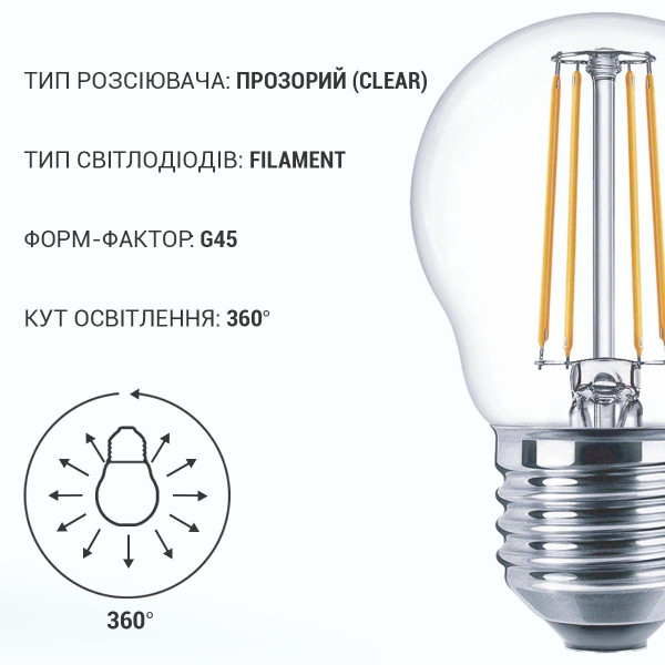 Светодиодная лампа Biom филамент G45 4W 360Lm 2800-3200K 220V E27 Clear (FL-301), 100001242