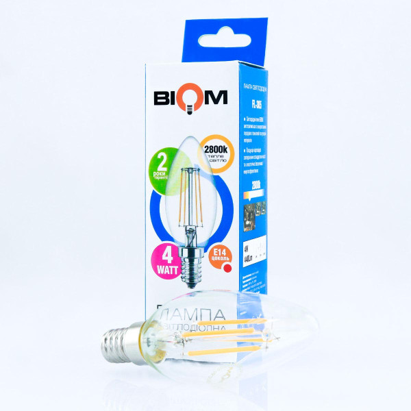 Светодиодная лампа Biom филамент C37 4W 360Lm 2800-3200K 220V E14 Clear (FL-305), 100001246