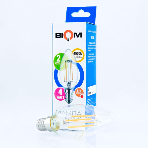 Светодиодная лампа Biom филамент C37 4W 360Lm 4000-4500K 220V E14 Clear (FL-306), 100001247