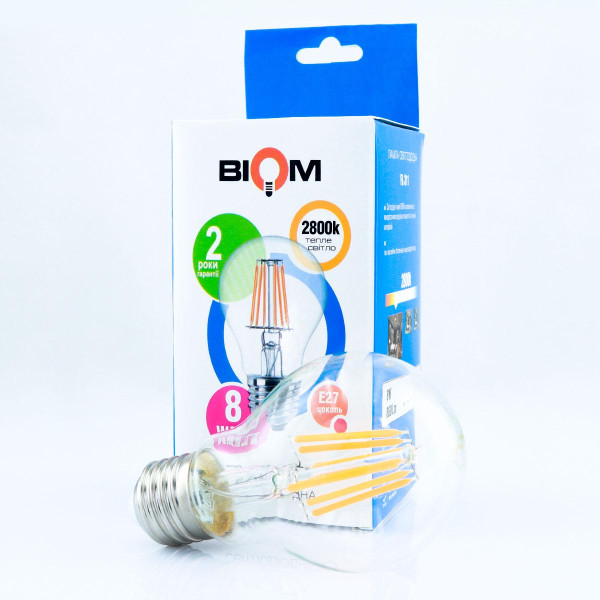 Светодиодная лампа Biom филамент A60 8W 960Lm 2800-3200K 220V E27 Clear (FL-311), 100001382