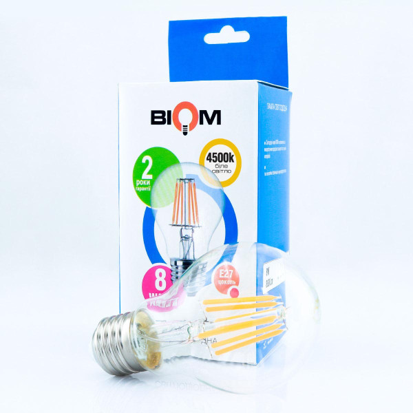 Светодиодная лампа Biom филамент A60 8W 960Lm 4000-4500K 220V E27 Clear (FL-312), 100001383