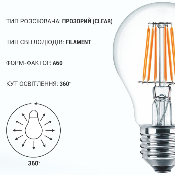Светодиодная лампа Biom филамент A60 8W 960Lm 4000-4500K 220V E27 Clear (FL-312), 100001383