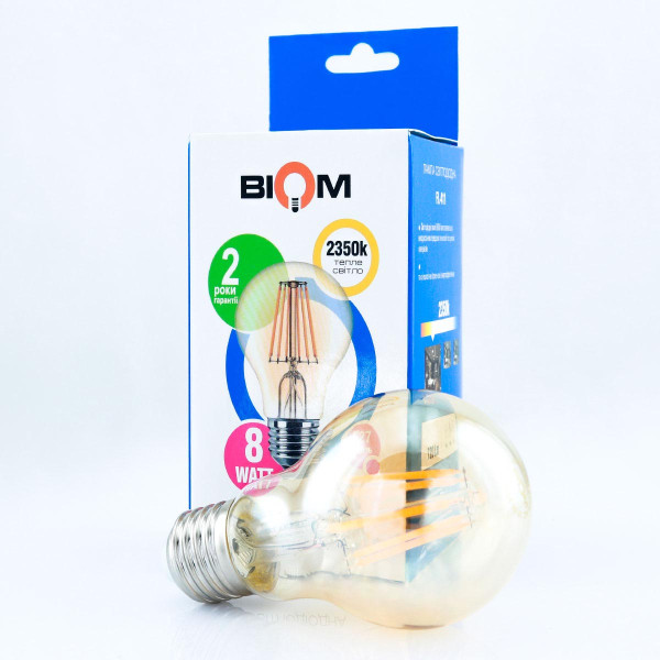 Светодиодная лампа Biom филамент A60 8W 720Lm 2300-2500K 220V E27 Clear (Amber) (FL-411), 100012272