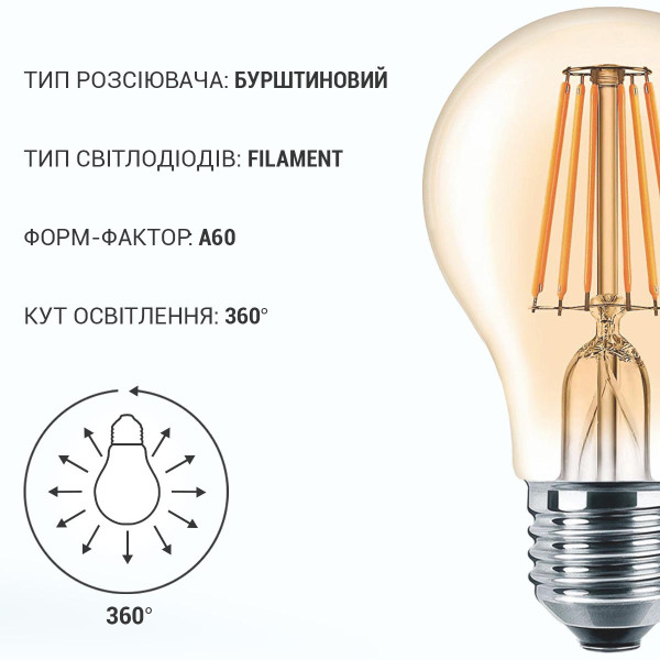 Светодиодная лампа Biom филамент A60 8W 720Lm 2300-2500K 220V E27 Clear (Amber) (FL-411), 100012272