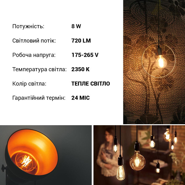 Светодиодная лампа Biom филамент G95 8W 720Lm 2300-2500K 220V E27 Clear (Amber) (FL-420), 100013458