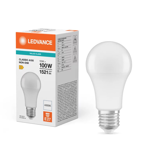 Светодиодная лампа LEDVANCE LED Classic Value A60 13W 1521Lm 4000K 230V E27 Матовый (Frosted) (4099854049002), 100023961
