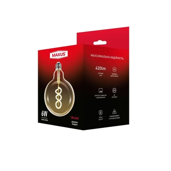 Светодиодная лампа MAXUS филамент G125 FM 6W 420Lm 2400K 220V E27 Golden Deco (1-MFM-7125), 100023514