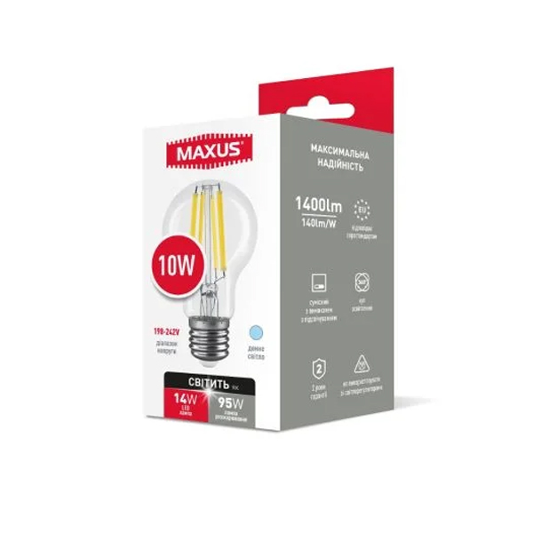 Светодиодная лампа MAXUS филамент A60 FM 10W 1400Lm 4100K 220V E27 Clear (1-MFM-764), 100023512