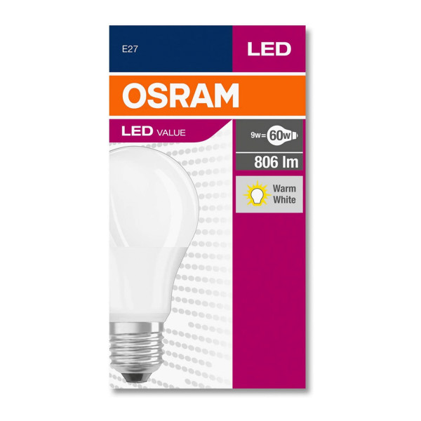 Светодиодная лампа OSRAM LED Classic Value A60 8,5W 806Lm 2700K 230V E27 Матовый (Frosted) (4052899326842), 100002082