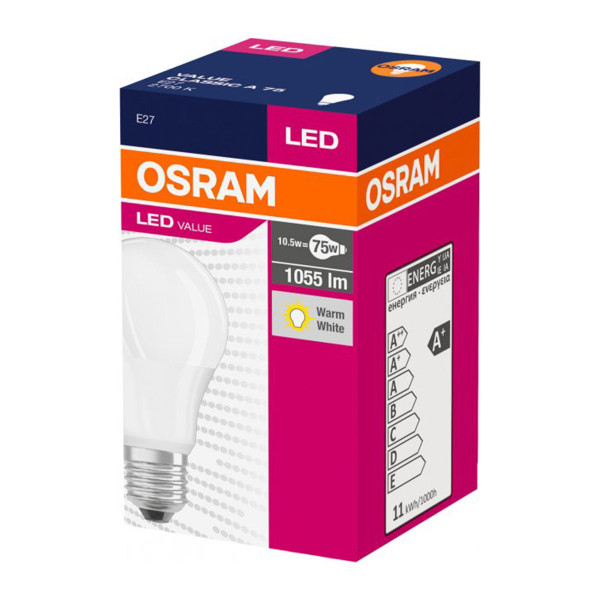 Светодиодная лампа OSRAM LED Classic Value A60 10W 1055Lm 2700K 230V E27 Матовый (Frosted) (4052899971028), 100015266
