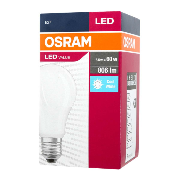 Светодиодная лампа OSRAM LED Classic Value A60 8,5W 806Lm 4000K 230V E27 Матовый (Frosted) (4052899973381), 100002063