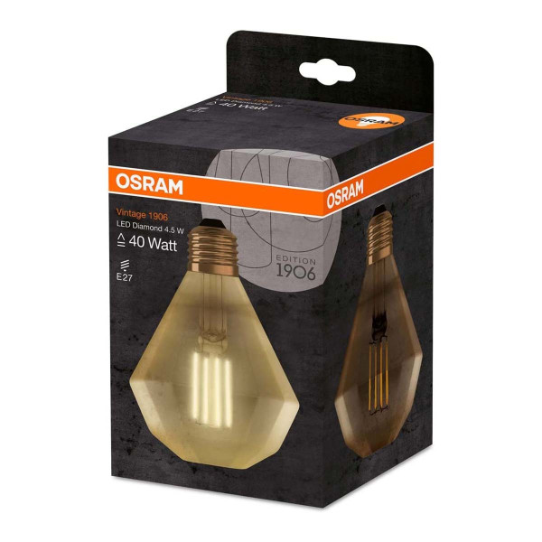 Светодиодная лампа OSRAM Vintage 1906 Diamond Filament 4,5W 470Lm 2500K 230V E27 Прозрачный (Gold) (4058075091955), 100022535