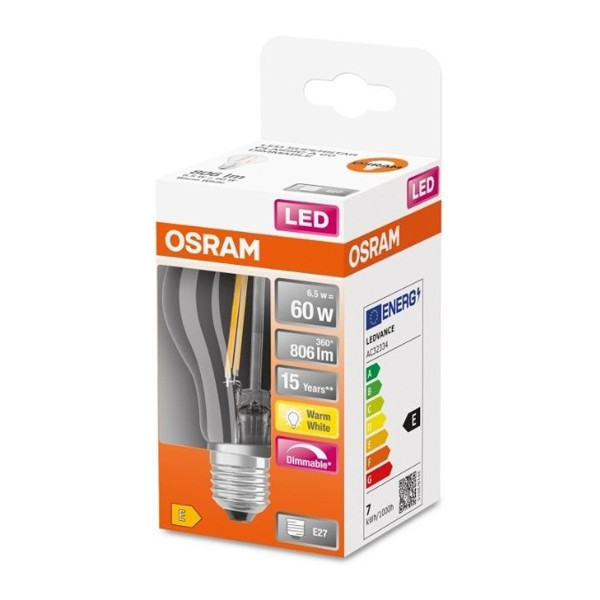 Светодиодная лампа OSRAM LED Classic Performance DIM Filament A60 6,5W 806Lm 2700K 230V E27 Прозрачный (Clear) (4058075115958), 100022499