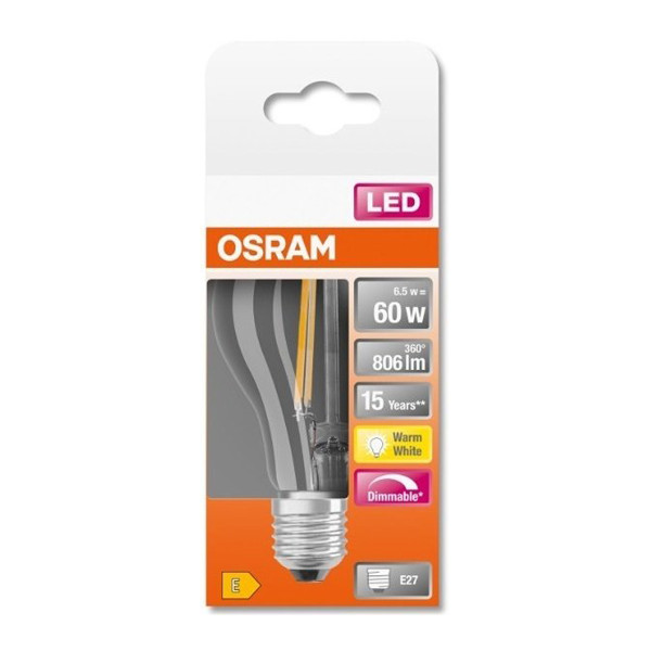 Светодиодная лампа OSRAM LED Classic Performance DIM Filament A60 6,5W 806Lm 2700K 230V E27 Прозрачный (Clear) (4058075115958), 100022499